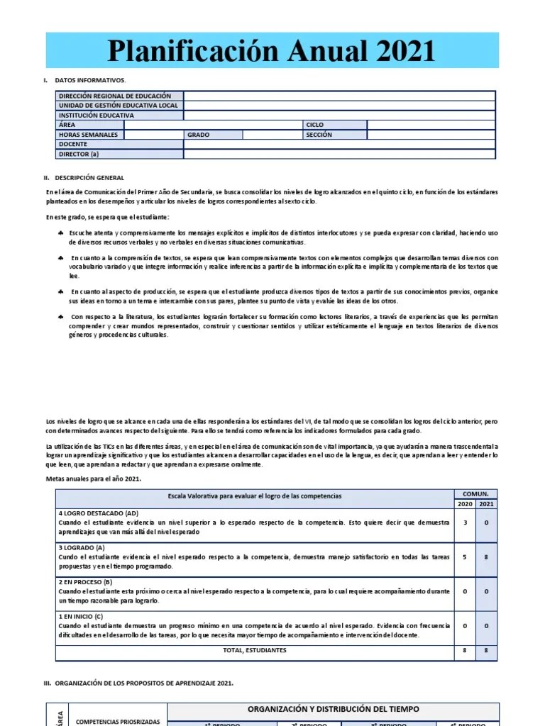 1º Planificación Anual 2021 - COMUNICACIÓN | PDF | Comunicación | Aprendizaje
