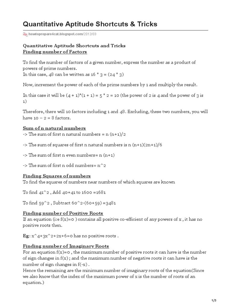 Quantitative Aptitude Shortcuts Amp Tricks | PDF | Numbers | Quadratic ...