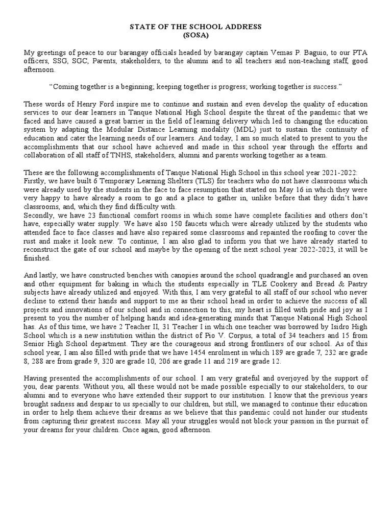 State Of The School Address | PDF