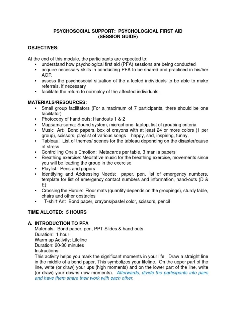 Psychosocial Support: Psychological First Aid (Session Guide) Objectives | PDF | Feeling | Emotions