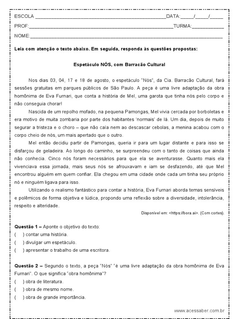 Interpretacao De Texto Nos 6º Ano Word | PDF