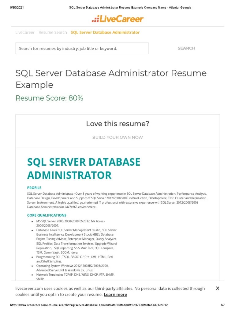 SQL Server Database Administrator Resume Example Company Name - Atlanta ...