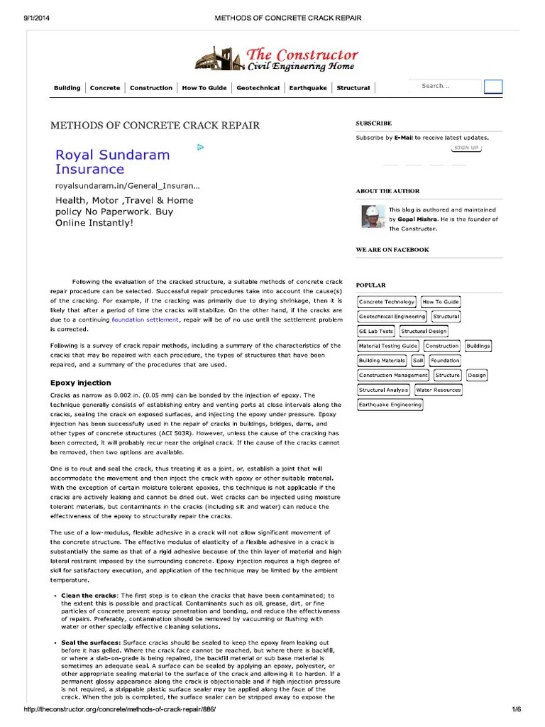 Methods Of Concrete Crack Repair | PDF