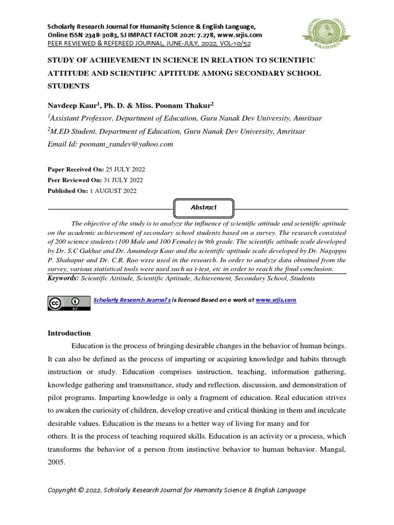 Study Of Achievement In Science In Relation To Scientific Attitude And ...