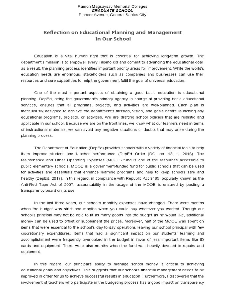 Reflection On Educational Planning And Management | PDF | Goal | Learning