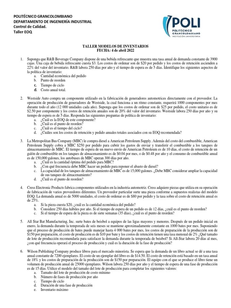 Taller Modelos De Inventarios | PDF | Inventario | Procesos De Negocio