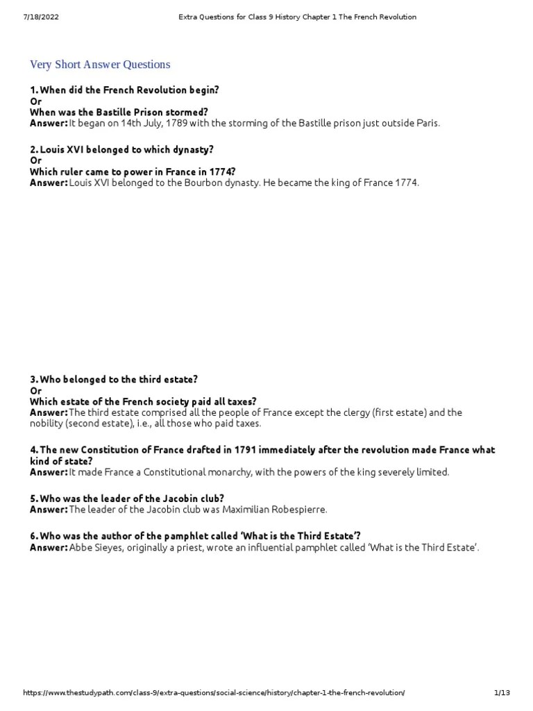 Extra Questions For Class 9 History Chapter 1 The French Revolution | PDF | French Revolution ...