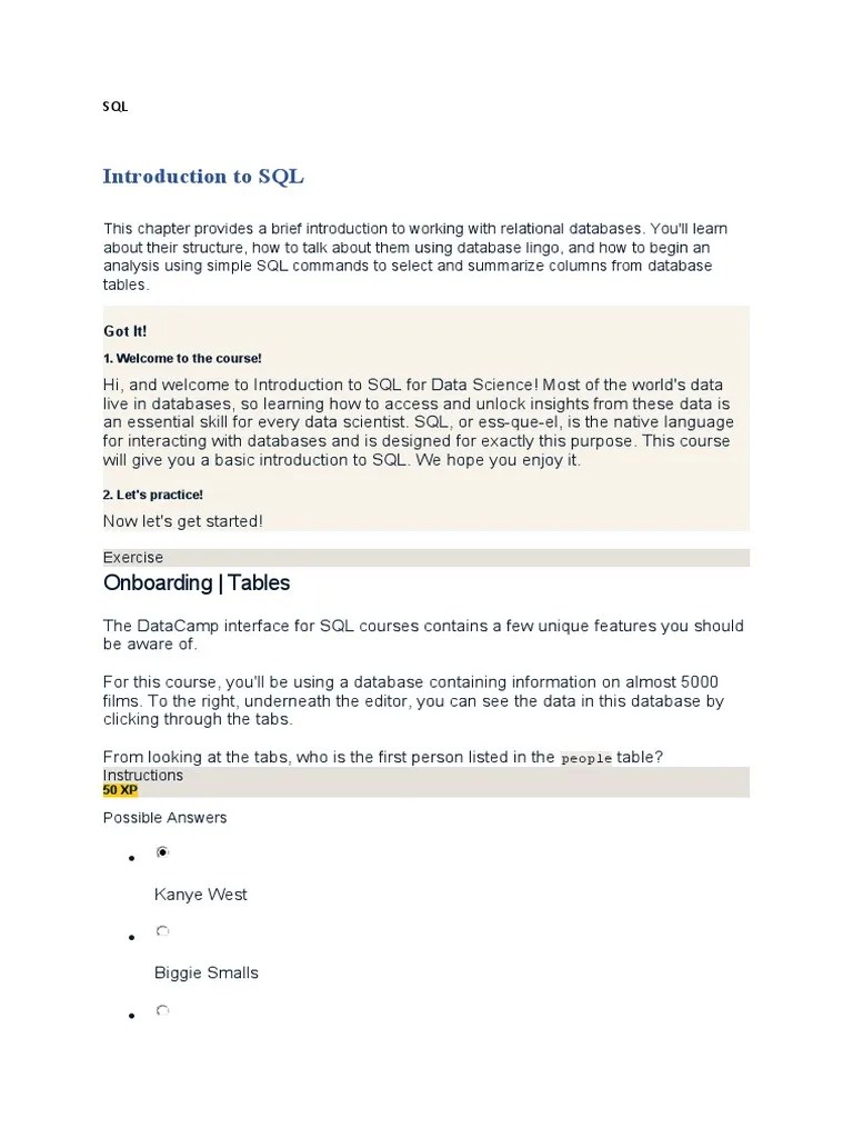 Introduction To SQL: Onboarding - Tables | PDF | Table (Database ...