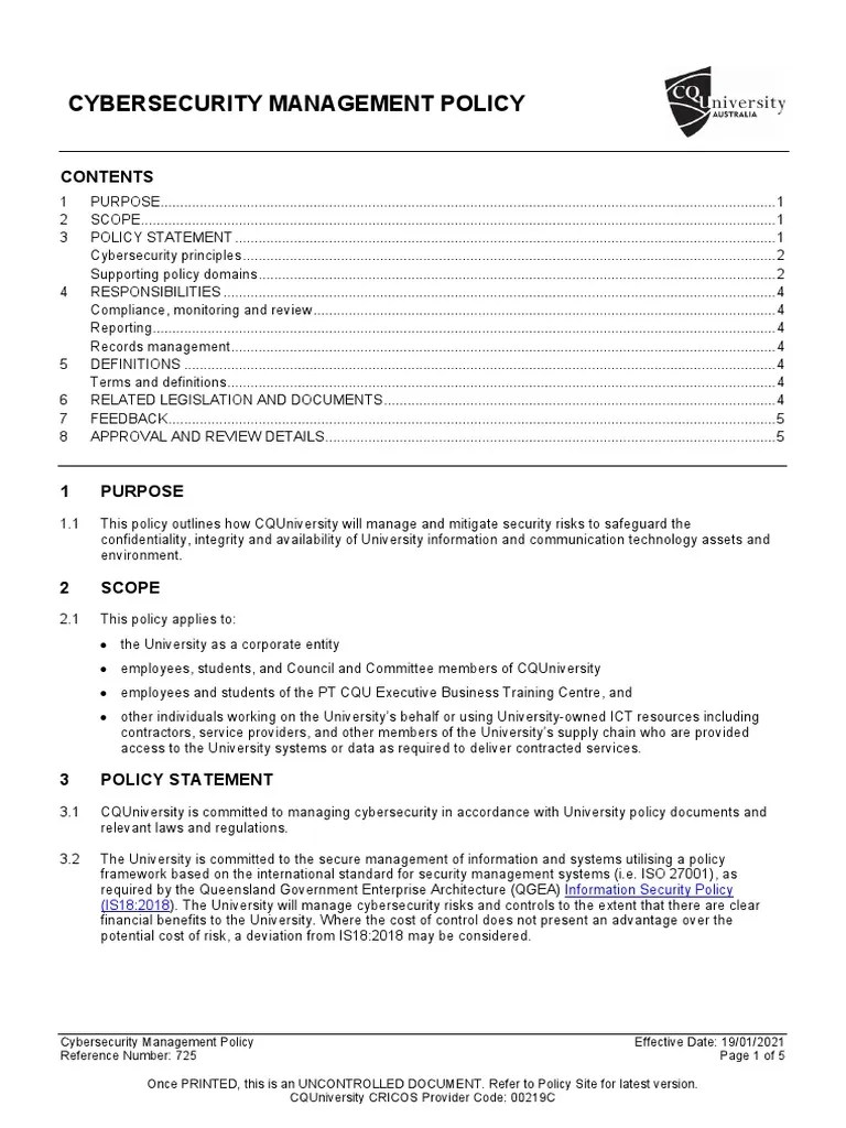 A Framework For Cybersecurity Management: CQUniversity's Policy And Approach To Securing ...