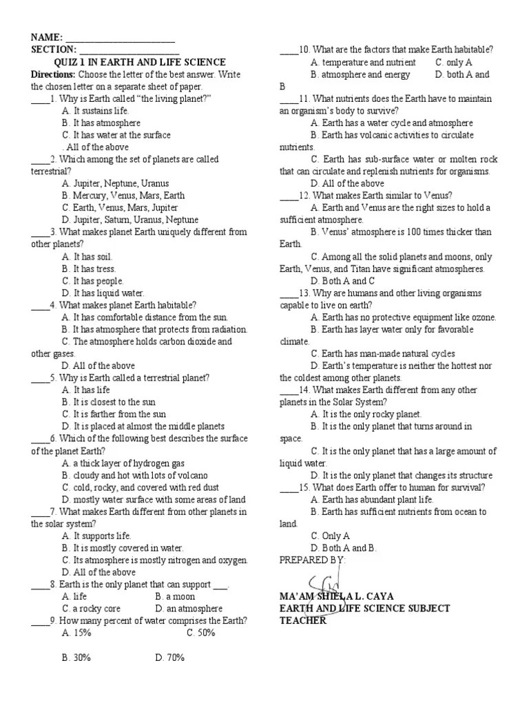 Quiz In Earth And Life Science Week 1 (Origin And Structure Of The ...
