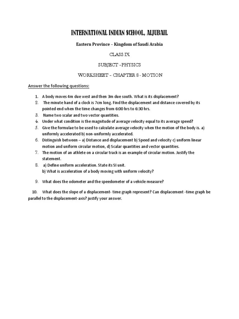 Class 9 Motion Worksheet | PDF | Acceleration | Velocity