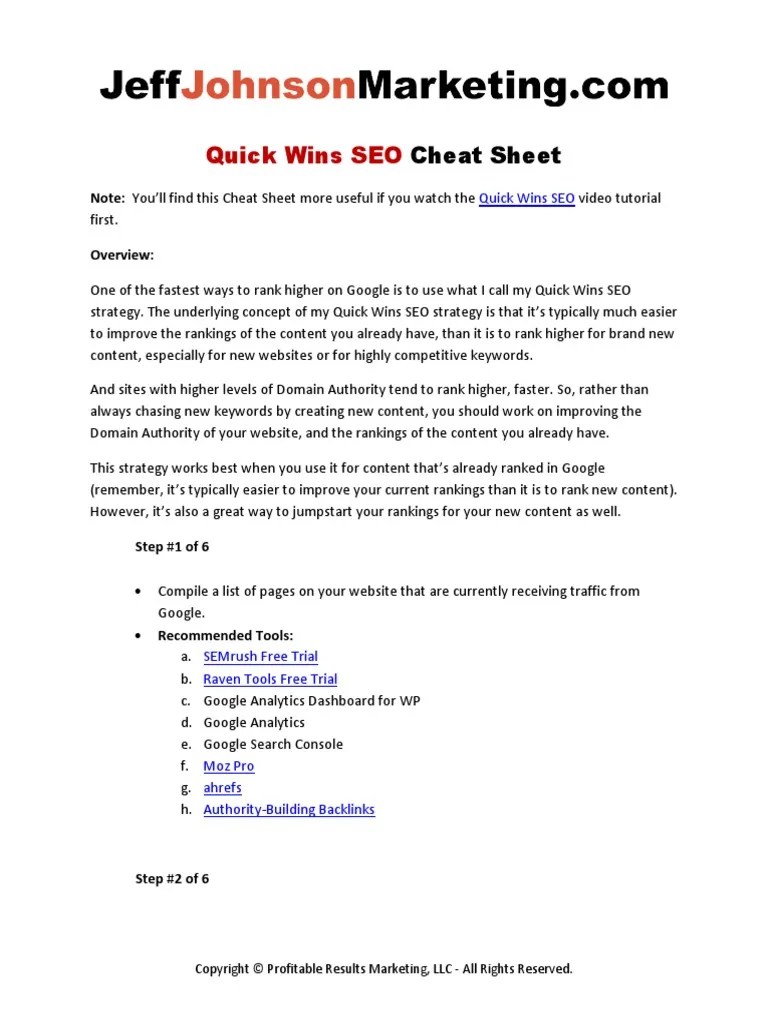 Quick Wins SEO Cheat Sheet JJM | PDF | Search Engine Optimization ...
