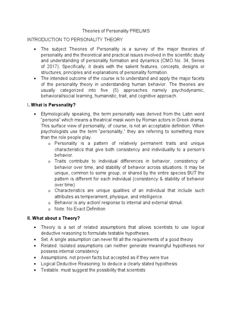 Theories Of Personality PRELIMS | PDF | Hypothesis | Theory