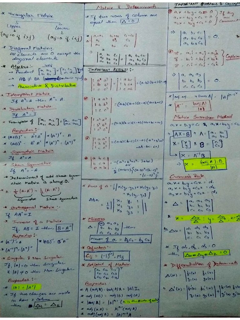 Matrix And Determinants Short Notes | PDF