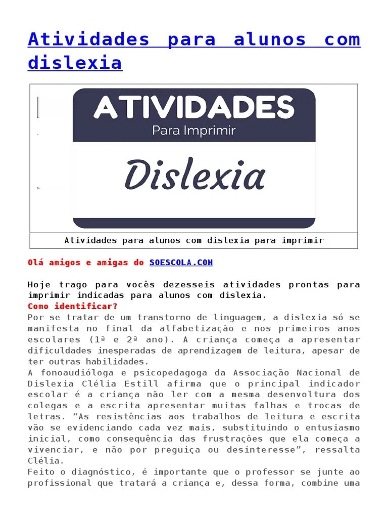 Atividades Para Alunos Com Dislexia | PDF | Alfabetização | Escrita