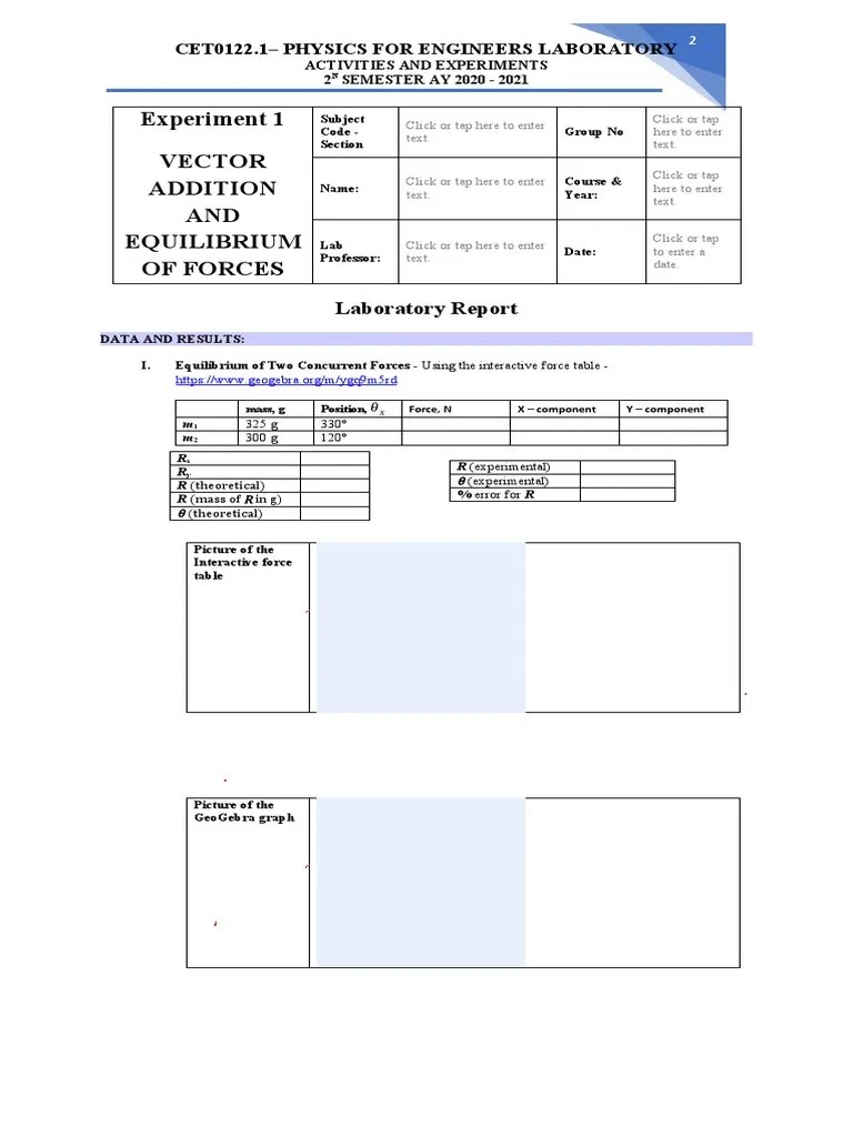 Experiment 1 Addition Of Vectors LABORATORY REPORT SHEET | PDF | Force ...