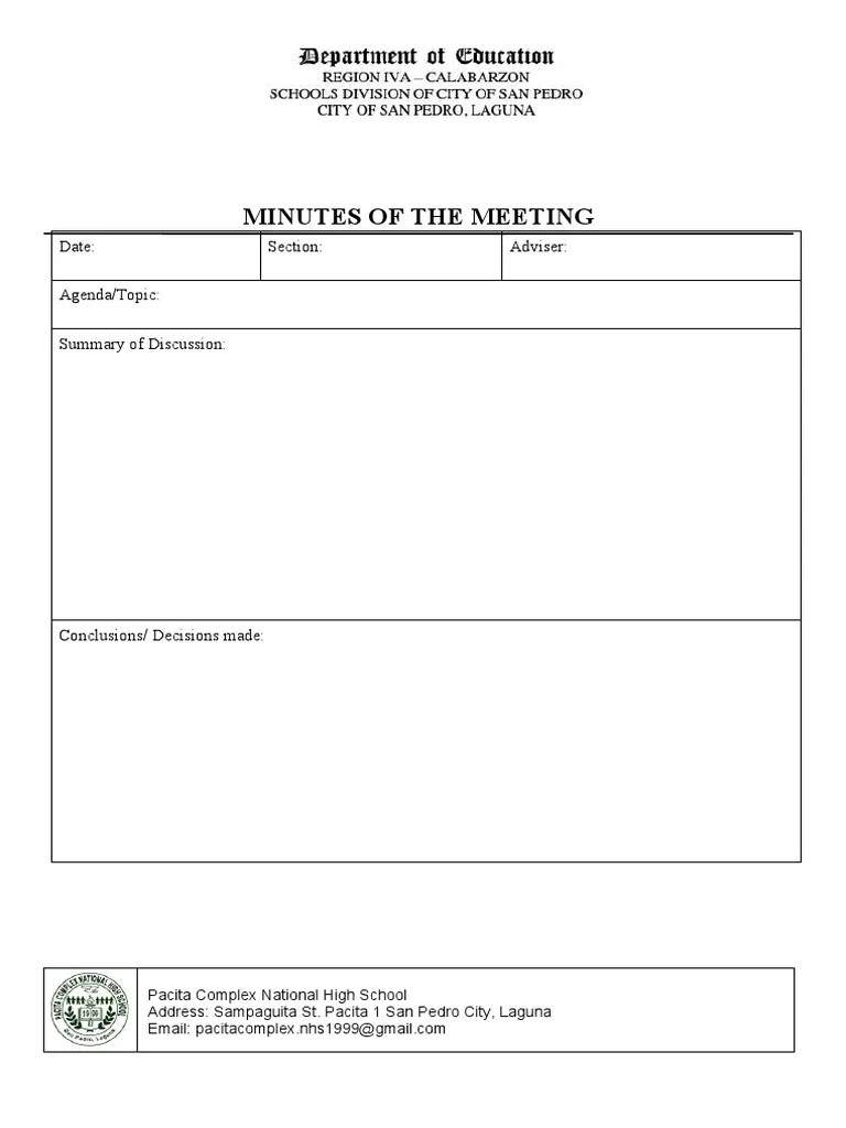 Minutes Of The Meeting Template S.Y. 2022 2023 | PDF