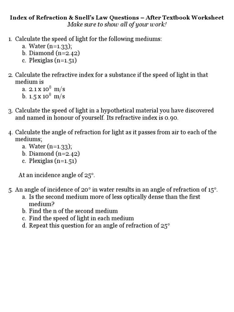 Snell'SLaw | PDF | Refraction | Refractive Index