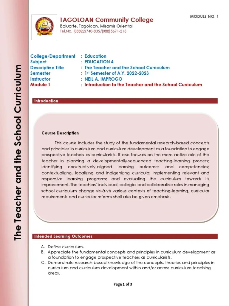 Module 1 Introduction The Teacher And The School Curriculum | PDF ...