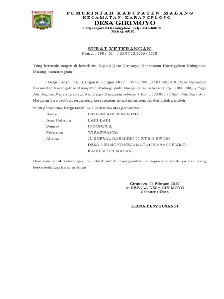 Surat Keterangan Harga Tanah | PDF