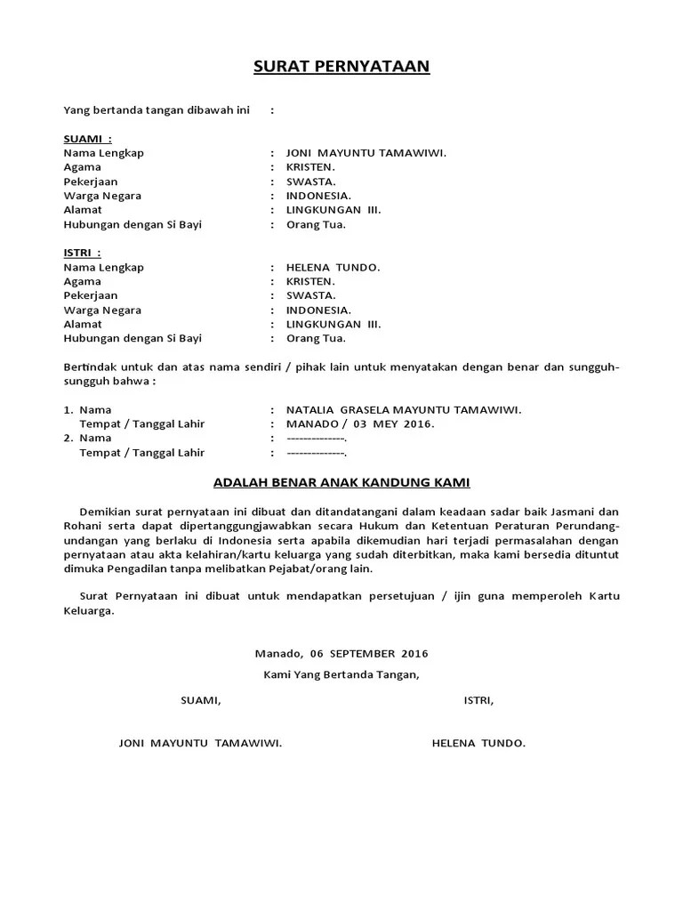 Surat Pernyataan Akta Kelahiran | PDF