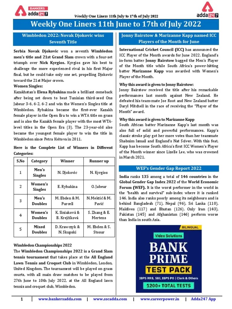Weekly One Liners 11th To 17th July 2022 | PDF