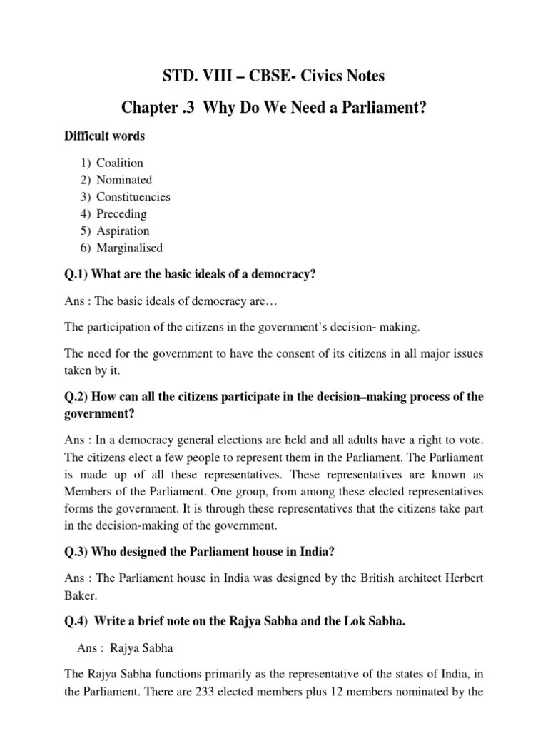 CBSE - STD. VIII - Civics Notes - Chapter .3 Why Do We Need A Parliament - 25999978 | Download ...