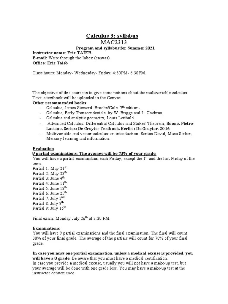 Syllabus Calculus 3 | PDF | Euclidean Vector | Integral