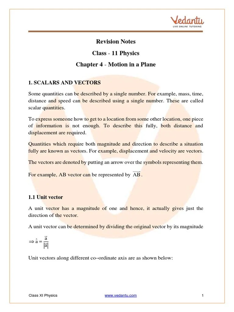 Class 11 Physics Revision Notes Motion In A Plane | PDF | Euclidean ...