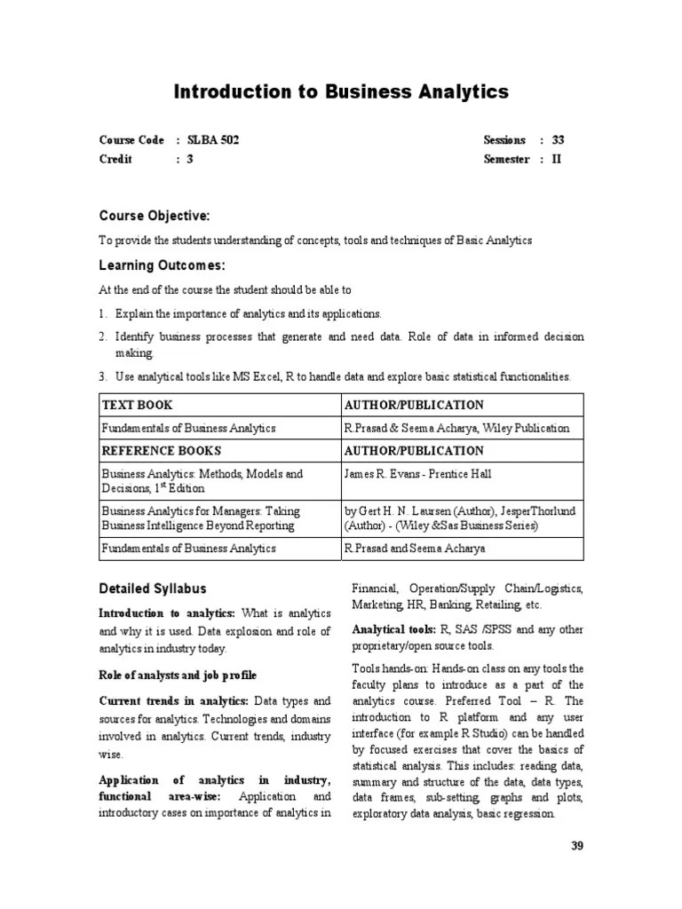 Introduction To Business Analytics | PDF | Analytics | Microsoft Excel