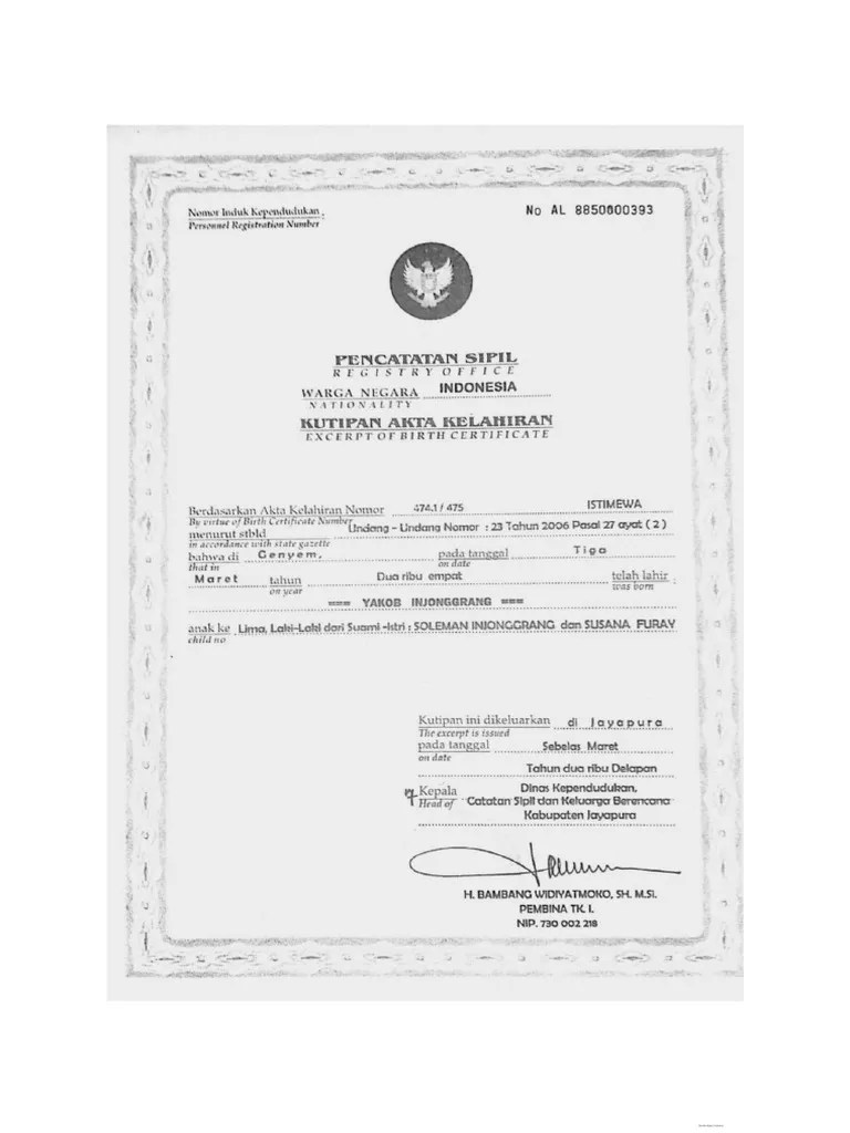 Contoh Akta Kelahiran | PDF