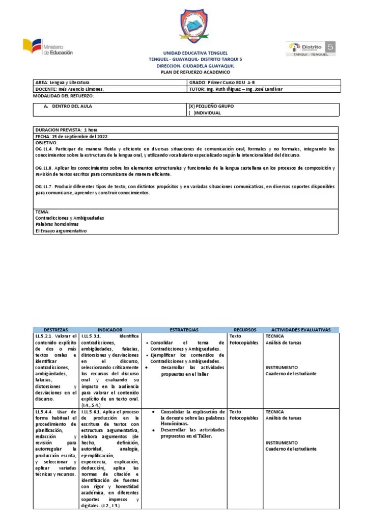 1°bgu - Plan De Refuerzo Academico - 1°parcial | PDF | Ciencia ...