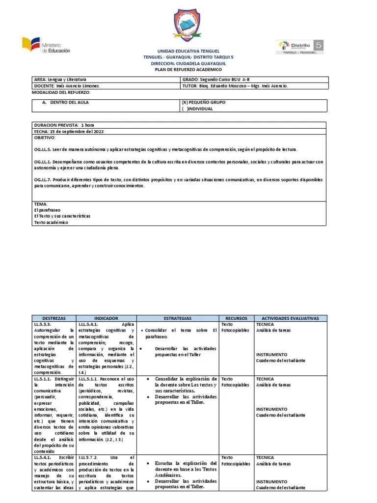 2°bgu - Plan De Refuerzo Academico - 1°parcial | PDF | Comunicación | Aprendizaje