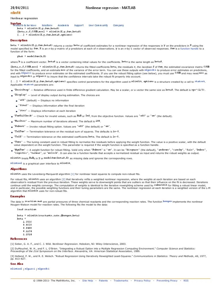 Nonlinear Regression - MATLAB | PDF | Mean Squared Error | Regression ...