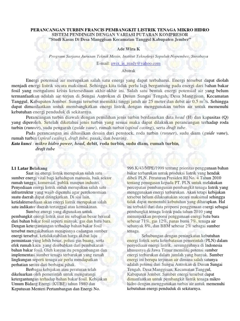 Perancangan Turbin Francis Pembangkit Listrik Tena | PDF