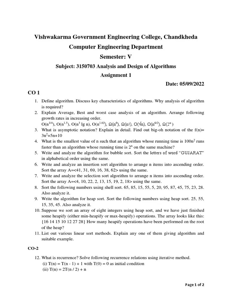 Assignment (ANALYSIS AND DESIGN OF ALGORITHMS) | PDF | Recurrence ...