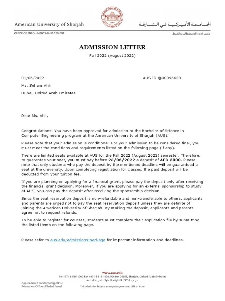 (AUS) UG Admission Letter 1.0.6 | PDF | Educational Stages