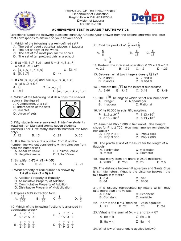 Diagnostic Test Grade 7 Math | PDF | Mathematics | Mathematical Concepts