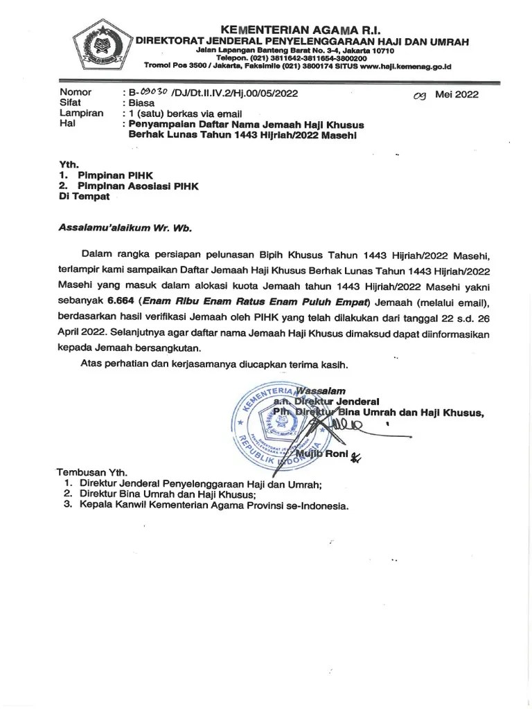 Edaran Penyampaian Data Jemaah Haji Khusus Berhak Lunas 1443H 2022M | PDF