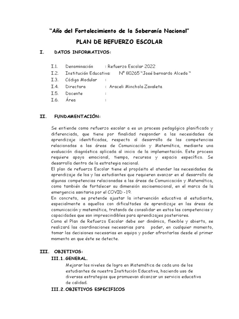 Plan De Refuerzo Escolar Ie 80265 | PDF | Aprendizaje | Evaluación