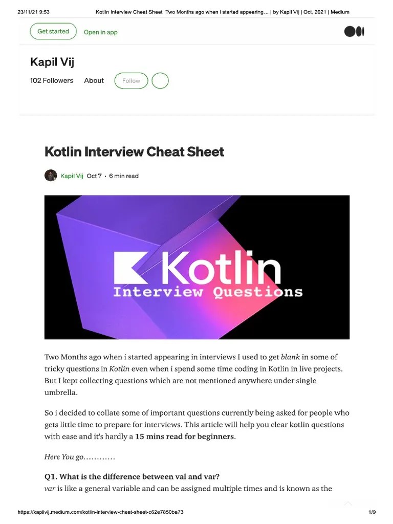 Kotlin Interview Cheat Sheet | PDF