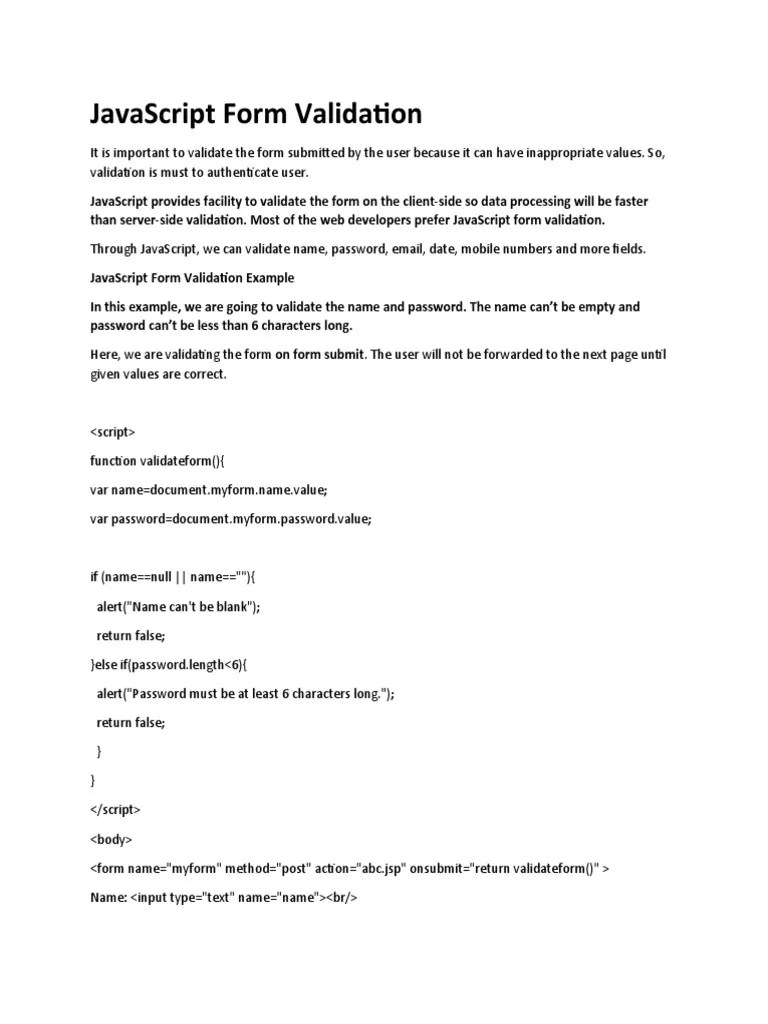 Javascript Form Validation | PDF | Java Script | Password