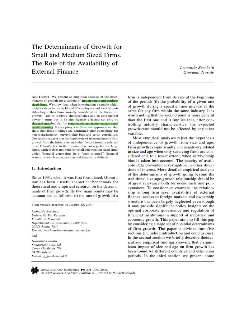 The Determinants Of Growth For Small And Medium Sized Firms. The Role ...