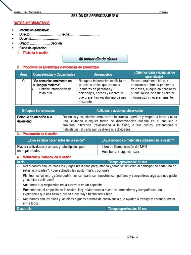 Sesiones De Aprendizaje 1° | PDF | Aprendizaje | Salón De Clases