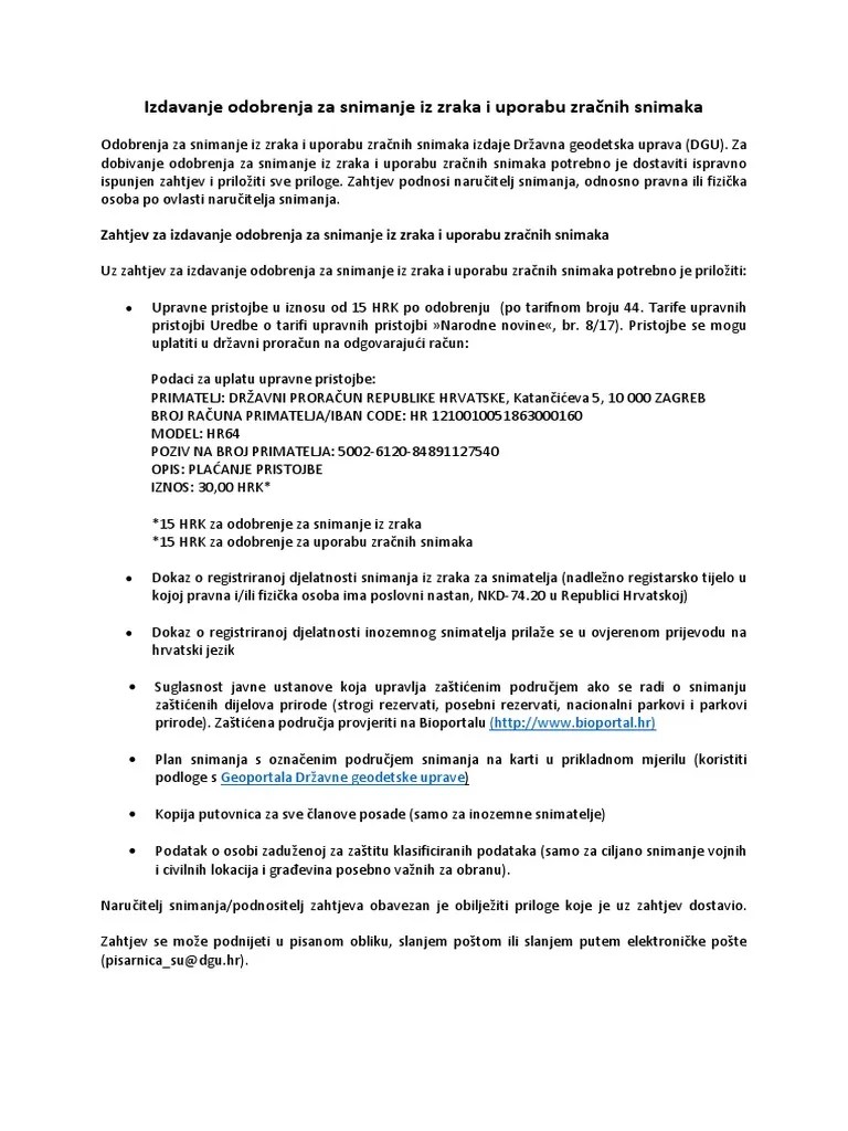 Uputa Za Izdavanje Odobrenja Za Snimanje Iz Zraka I Uporabu Zračnih
