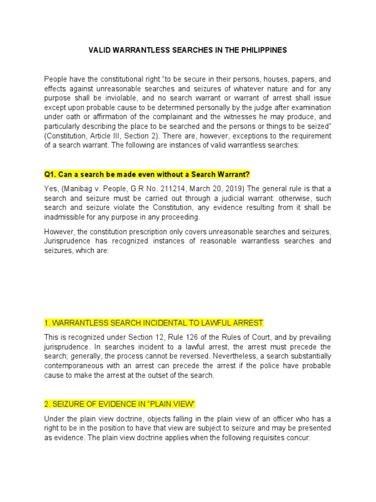 Valid Warrantless Searches In The Philippines | PDF | Search And Seizure | Search Warrant