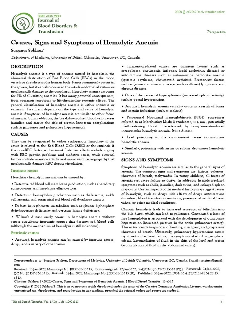 Causes Signs And Symptoms Of Hemolytic Anemia | PDF | Anemia | Tissue (Biology)