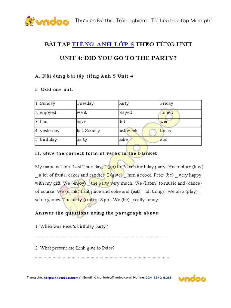 Bai Tap Tieng Anh Lop 5 Unit 4 | PDF