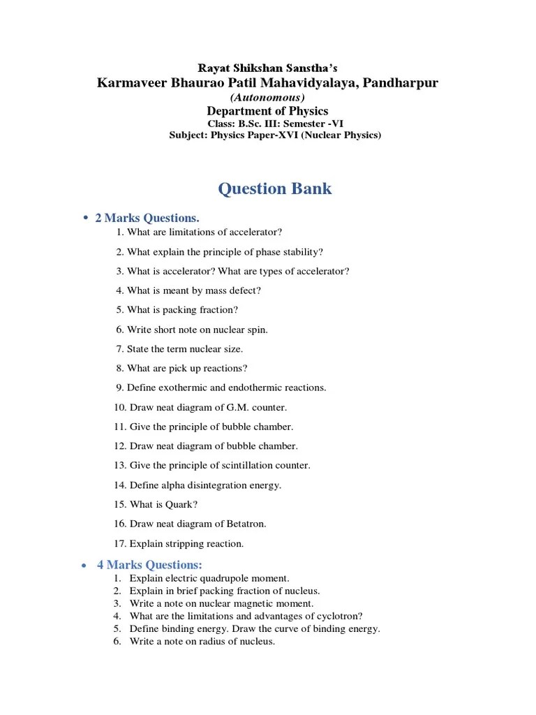 Question Bank - B.SC - III Sem. VI Paper XVI Nuclear Physics | PDF ...