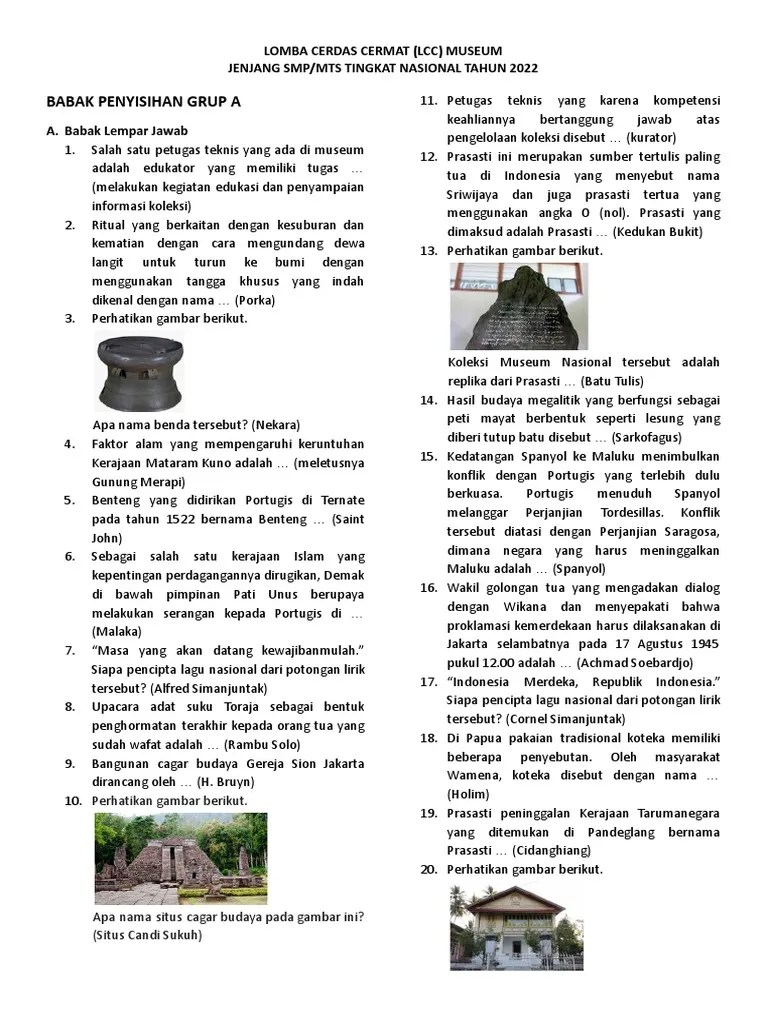 Kumpulan Soal Lomba Cerdas Cermat Museum Tingkat Nasional 2022 (Babak Penyisihan) | PDF